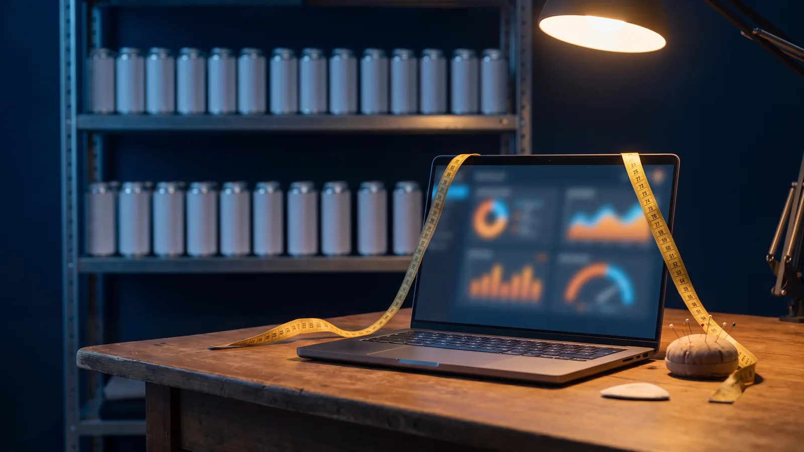 A una laptop le toman medidas con cinta de sastre en un taller nocturno; al fondo, un anaquel de latas idénticas espera desenfocado
