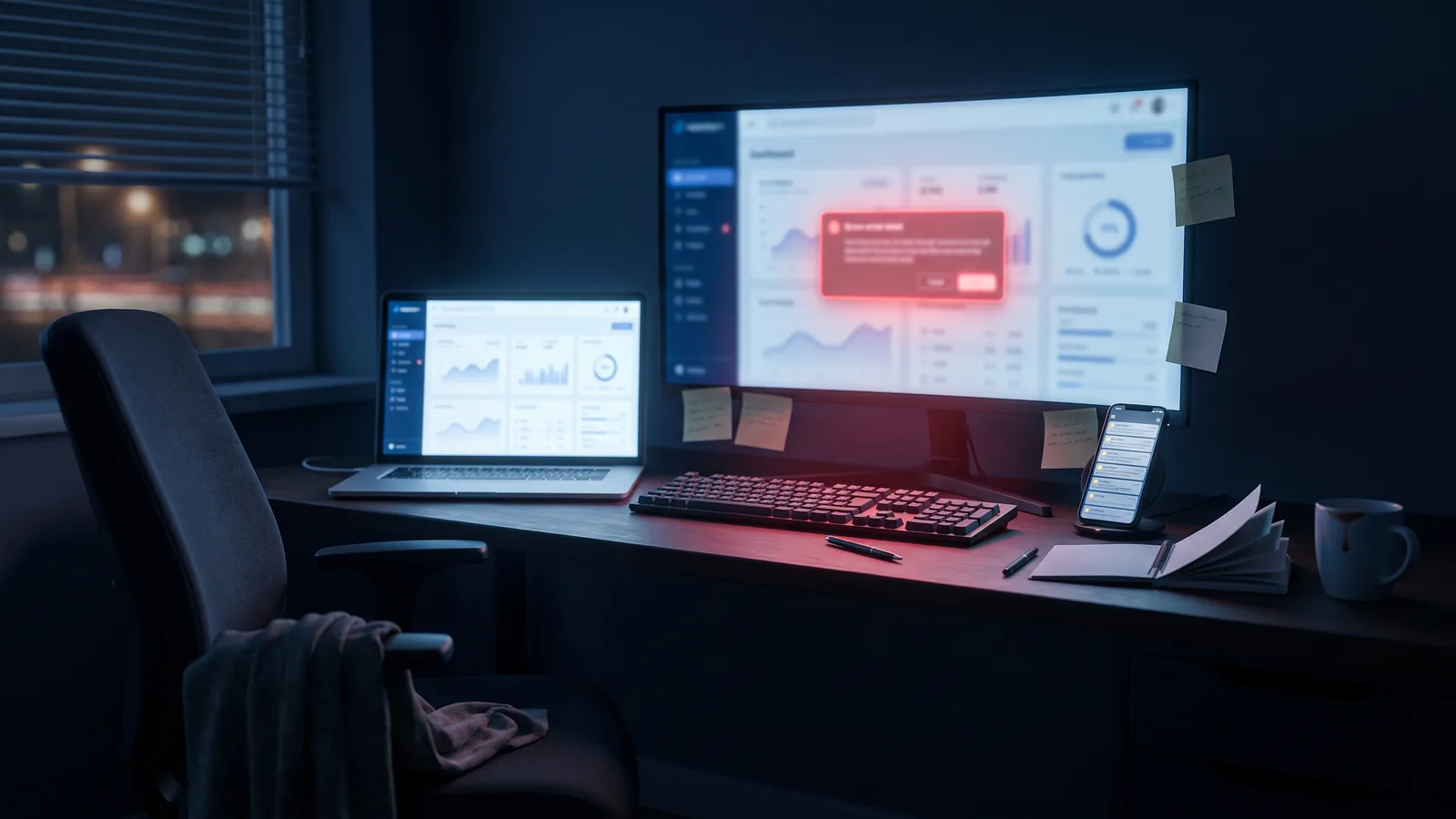 Escritorio de oficina de noche con la silla vacía: en el monitor, el tablero desenfocado de una aplicación muestra un aviso de error rojo brillante; un teléfono acumula notificaciones junto a notas adhesivas y un café frío