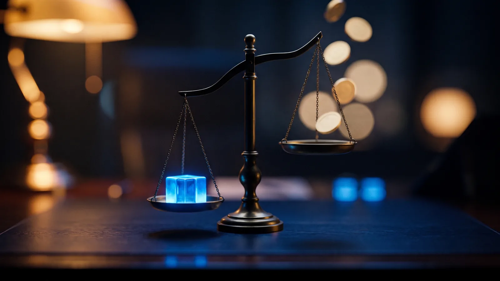 Balanza de precisión donde un cubo de vidrio azul brillante pesa más que las monedas: el ROI frente a cuánto cuesta el software a la medida