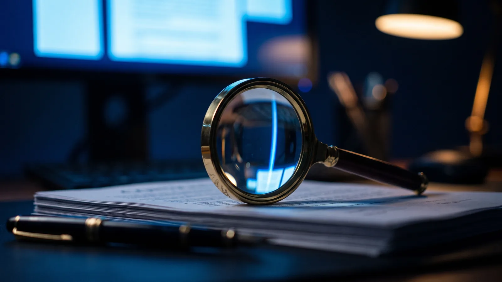 Lupa de latón sobre un contrato borroso con un destello azul en el lente: el escrutinio antes de elegir una empresa de desarrollo de software