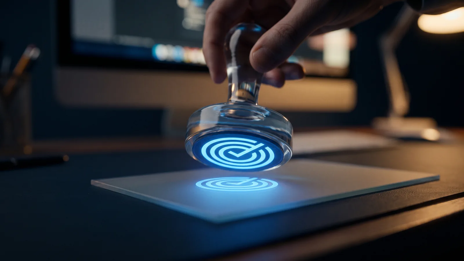 Sello de vidrio imprime un emblema azul luminoso sobre una hoja translúcida, metáfora del timbrado CFDI 4.0 en la facturación electrónica
