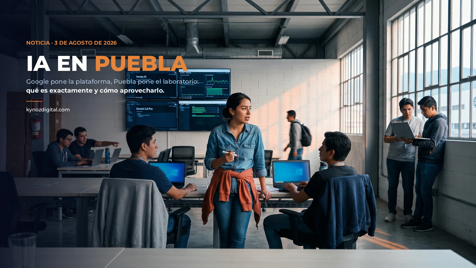 Laboratorio de cómputo en una nave industrial de Puebla: una joven coordinadora de pie explica a un grupo que trabaja en laptops, con un muro de pantallas encendidas al fondo y el parque industrial por el ventanal; encima, el título IA en Puebla