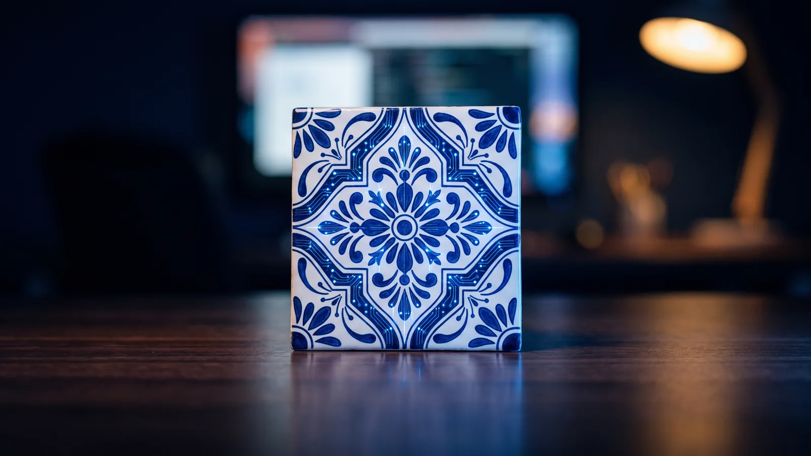 Azulejo de Talavera poblana cuyo patrón floral se funde con circuitos azules brillantes: desarrollo de software nearshore en Puebla