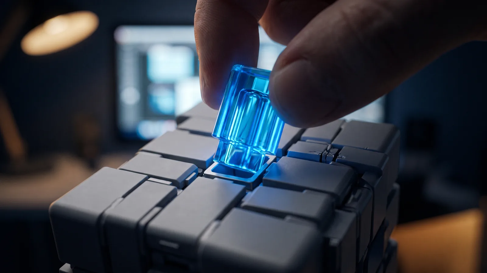 Pieza de vidrio azul brillante que encaja perfecta en un ensamble de módulos grises forzados: software a la medida frente a software enlatado