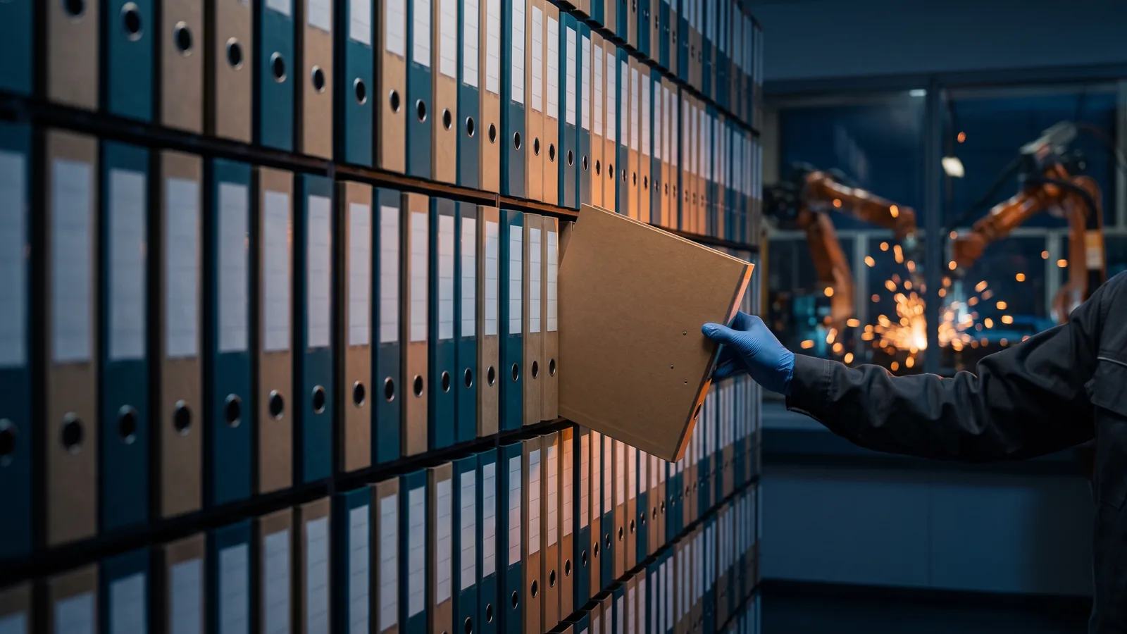 Muro de carpetas de archivo idénticas en una planta automotriz; una mano con guante azul extrae una en foco nítido mientras al fondo brillan chispas de soldadura de robots